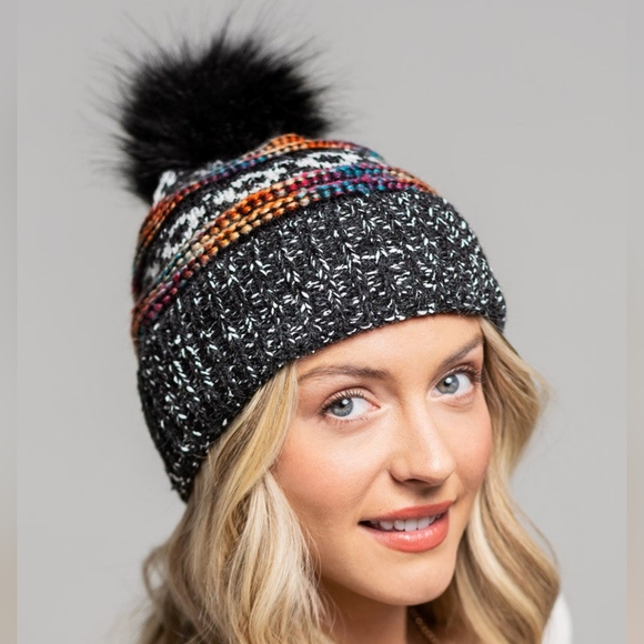 Black & Multi-Color Decorative Knit Pom Pom Beanie - Picture 2 of 5